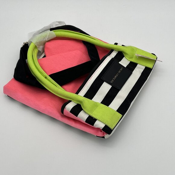 Victorias Secret Striped Pink Tote Bag With Neon Green Handles - Picture 3 of 5